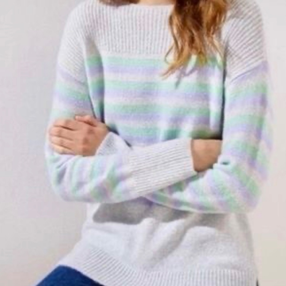 LOFT Striped Boat-Neck Striped Sweater- Lt. Gray, Mint, Lavender- Size M